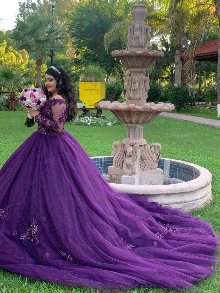 Modest Quinceanera Dresses Ball Gown Off The Shoulder Grape Tulle Lace Birthday Gowns Vestidos De 15 Anos Formal Party Long Sweet 16 Dress B577