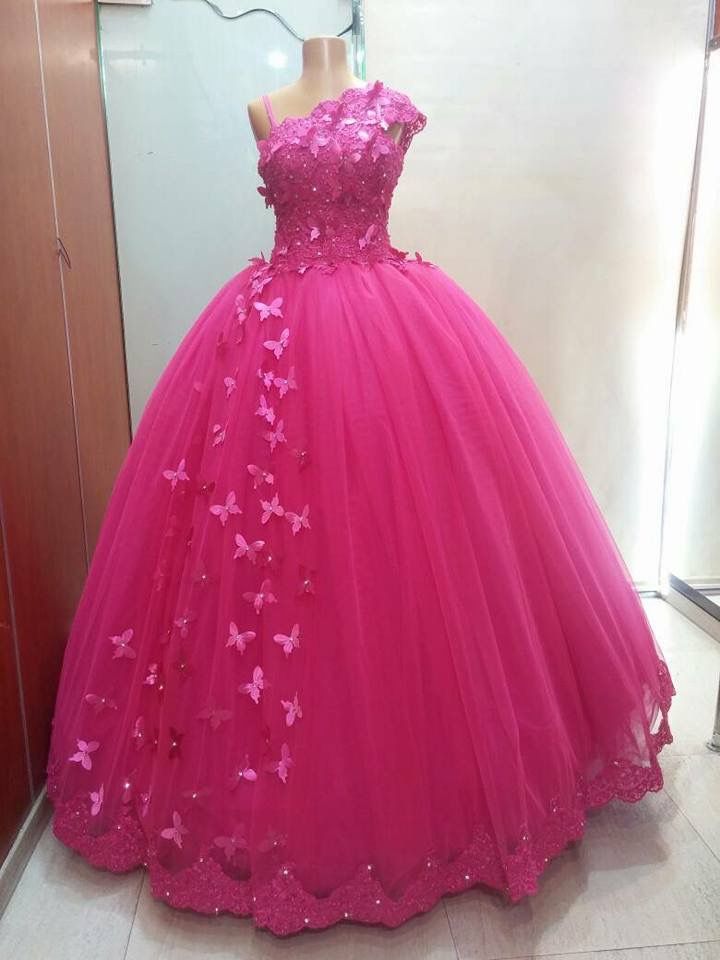 Charming Quinceanera Dresses Ball Gown One Shoulder Tulle Hot Pink 3D Butterfly Birthday Gowns Vestidos De 15 Anos Formal Party Long Sweet 16 Dress B604