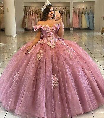 Modest Quinceanera Dresses Ball Gown Off The Shoulder Rose Pink Tulle Appliques Birthday Gowns Vestidos De 15 Anos Formal Party Long Sweet 16 Dress B612