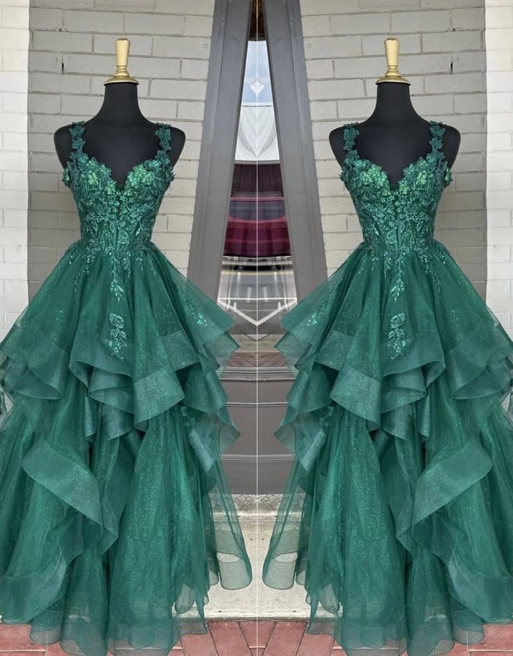 Classy Ball Gown Straps Dark Green Lace Tulle Prom Dresses Inspiration Party Dress Princess Graduation Dress B643