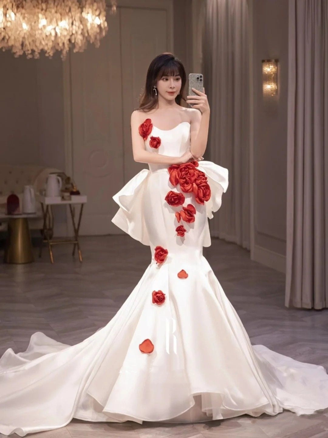 Dreamy Mermaid Sweetheart Long Satin Red Flowers Wedding Dress Fairy Formal Wedding Dresses B67