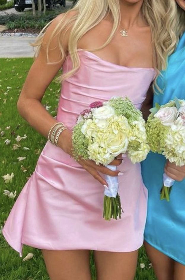 Cute A Line Strapless Pink Satin Short 15th Birthday Dress Middle School Semi Homecoming Dresses Cocktail Outfits B693