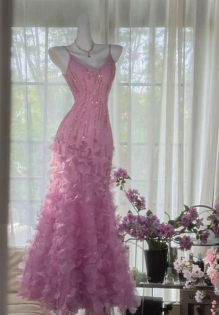 Elegant Mermaid Spaghetti Straps Pink Tulle Long Floor Length Prom Dress Inspiration Prom Dresses B99