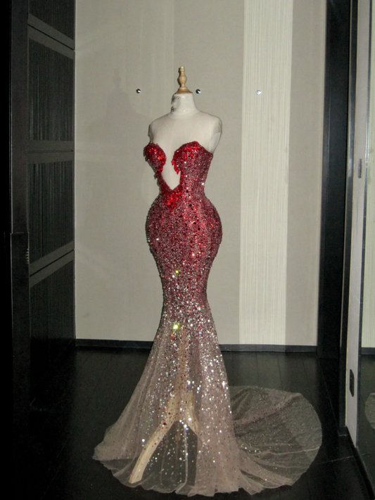 Modest Mermaid Sweetheart Burgundy With Beaded Crystals Prom Dress Aesthetic Long Graduation Evening Outfits N058