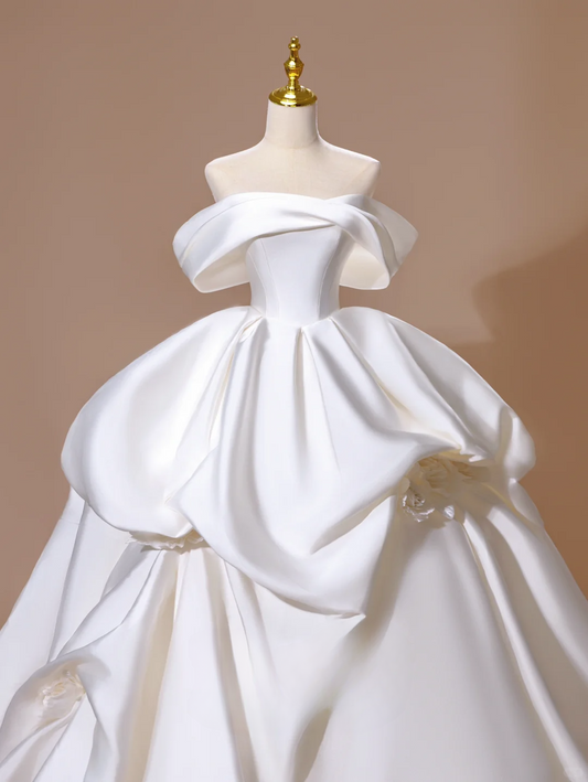 Princess Ball Gown Off The Shoulder Satin White Long Wedding Dress Beautiful Formal Cute Wedding Dresses DH2813