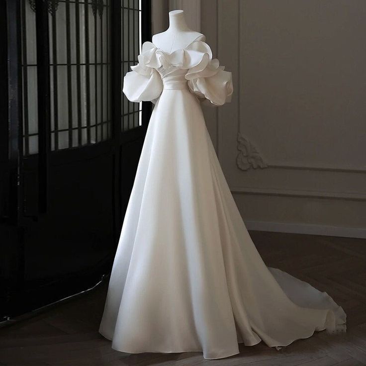 Timeless A Line Off The Shoulder White Satin Wedding Dress With Sleeves Fairytale Autumn Wedding Dresses RB2859