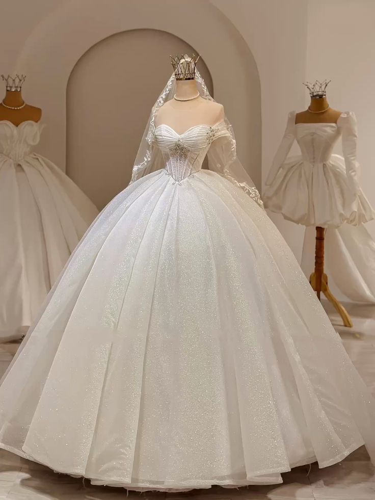 Elegant Ball Gown Off The Shoulder Sequins Short Sleeves White Wedding Dress Styles Long Bridal Gown Wedding Dresses Ideas DH2893