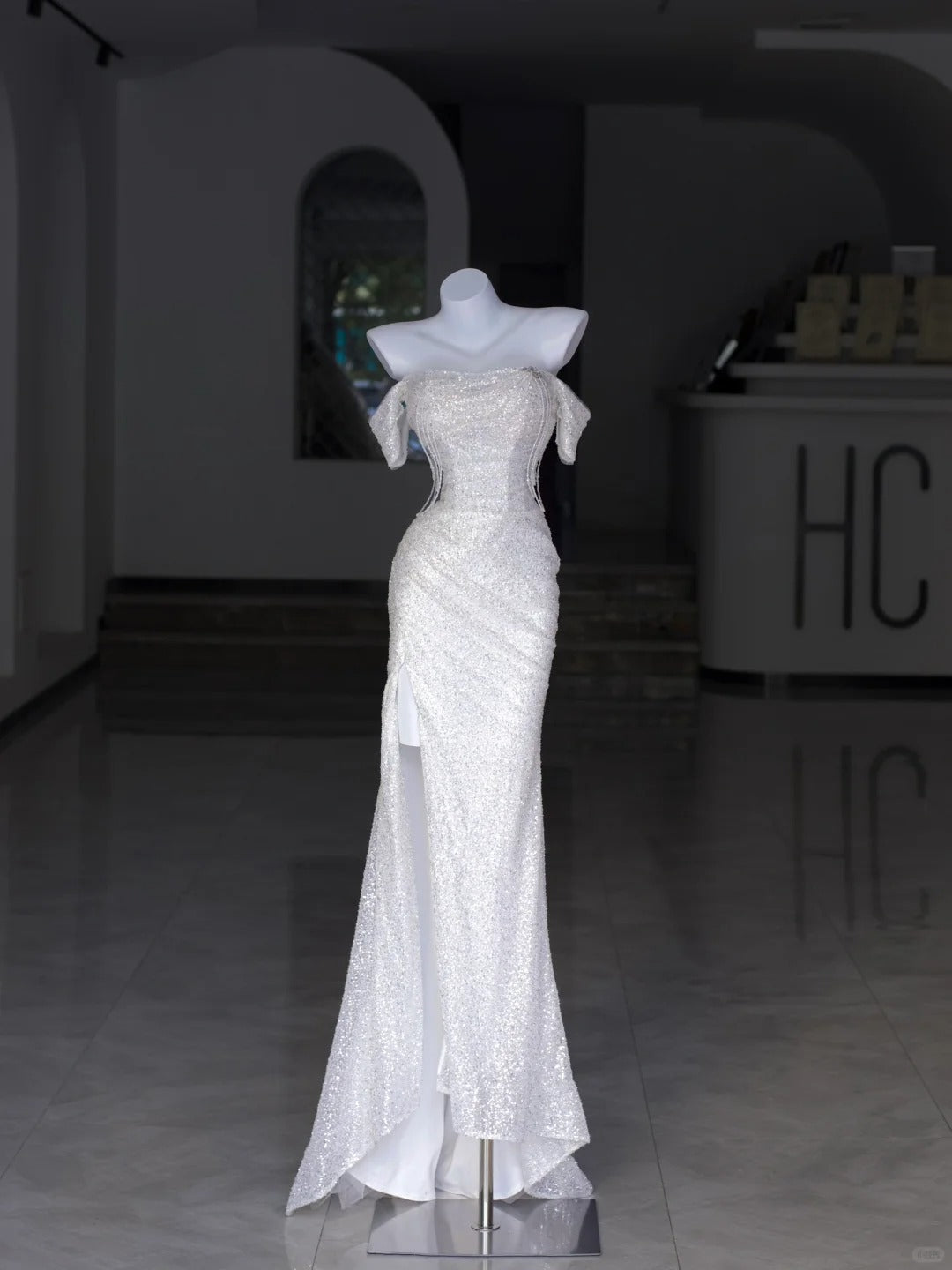 Modest Wedding Dresses Mermaid Off The Shoulder White Sequin With Split Long Bridal Gown N2990