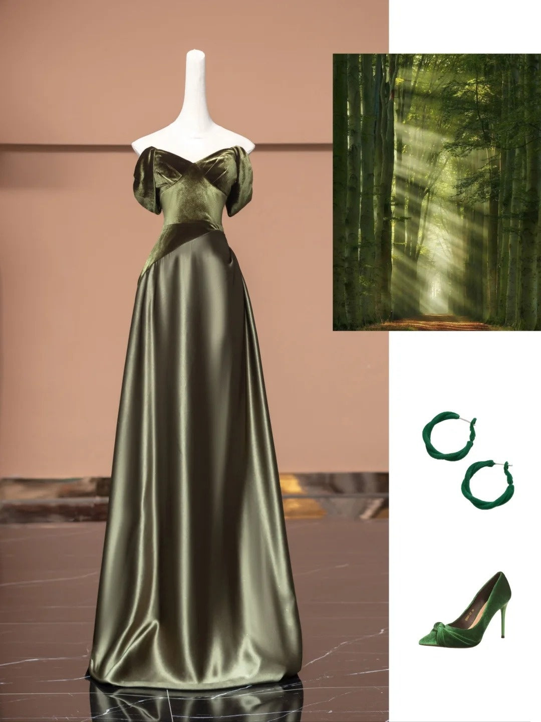 Gorgeous A line Off The Shoulder Olive Green Satin Formal Evening Dress Gowns Prom Dresses N725