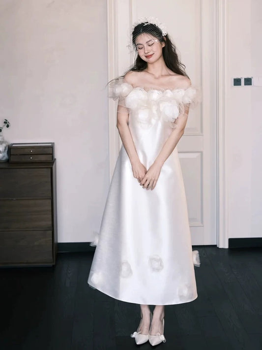 Princess Wedding Dresses Ball Gown Off The Shoulder White Ankle Length Summer Garden Wedding Dress N4109