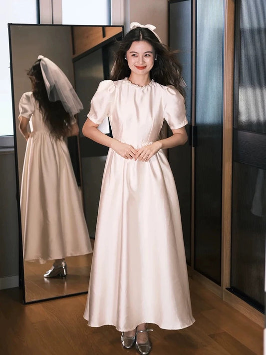 Simple Wedding Dresses A line Scoop White Ankle Length Summer Garden Wedding Dress N4110