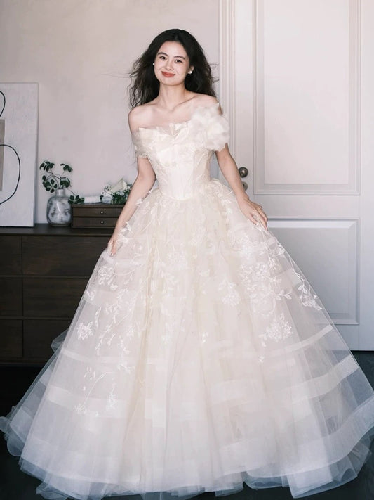 Ethereal Wedding Dresses Ball Gowns Off The Shoulder White Tulle With Lace Summer Garden Wedding Dress N4086