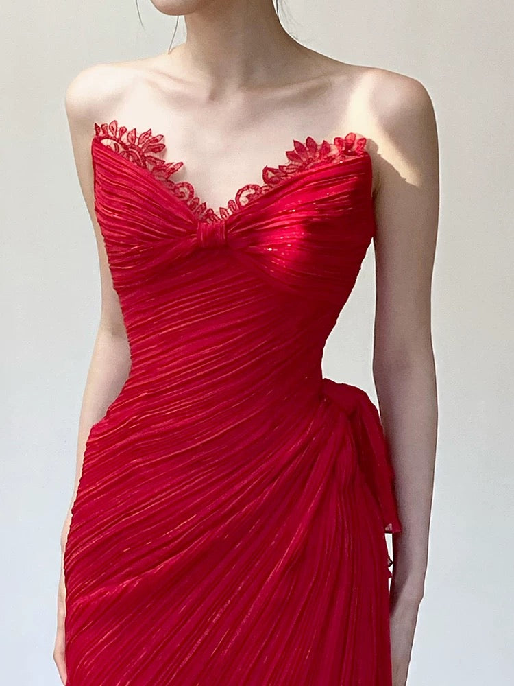 Modest Mermaid Sweetheart Red Chiffon Birthday Elegant Outfit Formal Prom Dresses N4091