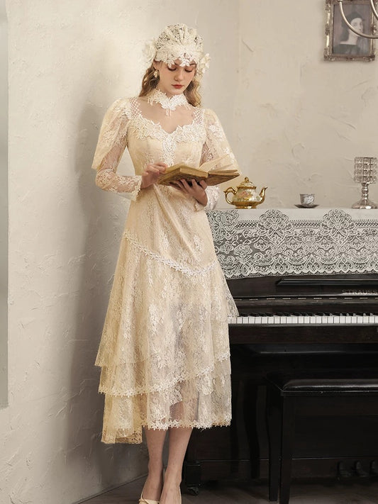 Vintage Wedding Dresses A Line High Neck Sleeves With Lace Tea Length Summer Garden Wedding Dress N4092