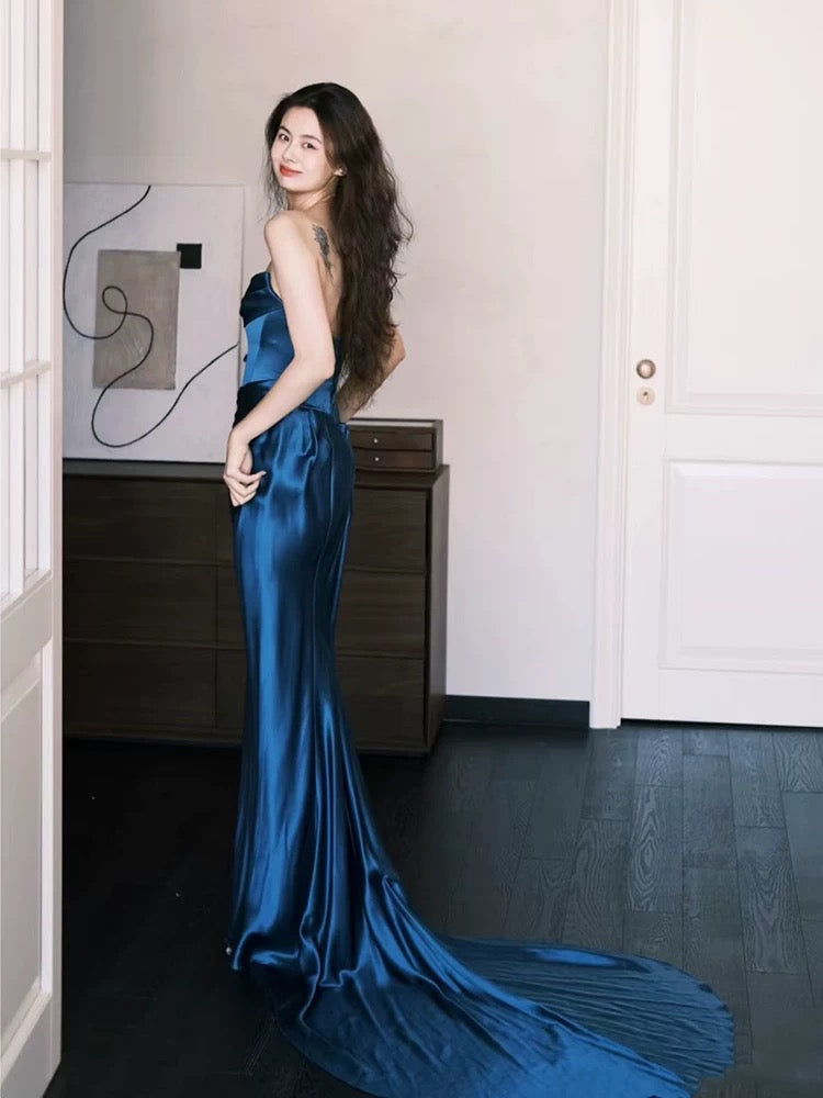 Modest Mermaid One Shoulder Navy Blue Satin Birthday Elegant Outfit Formal Prom Dresses N4097