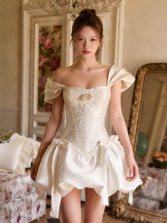 Princess Wedding Dresses Ball Gown Square Neck With Sleeves Short Mini Summer Garden Wedding Dress N4101