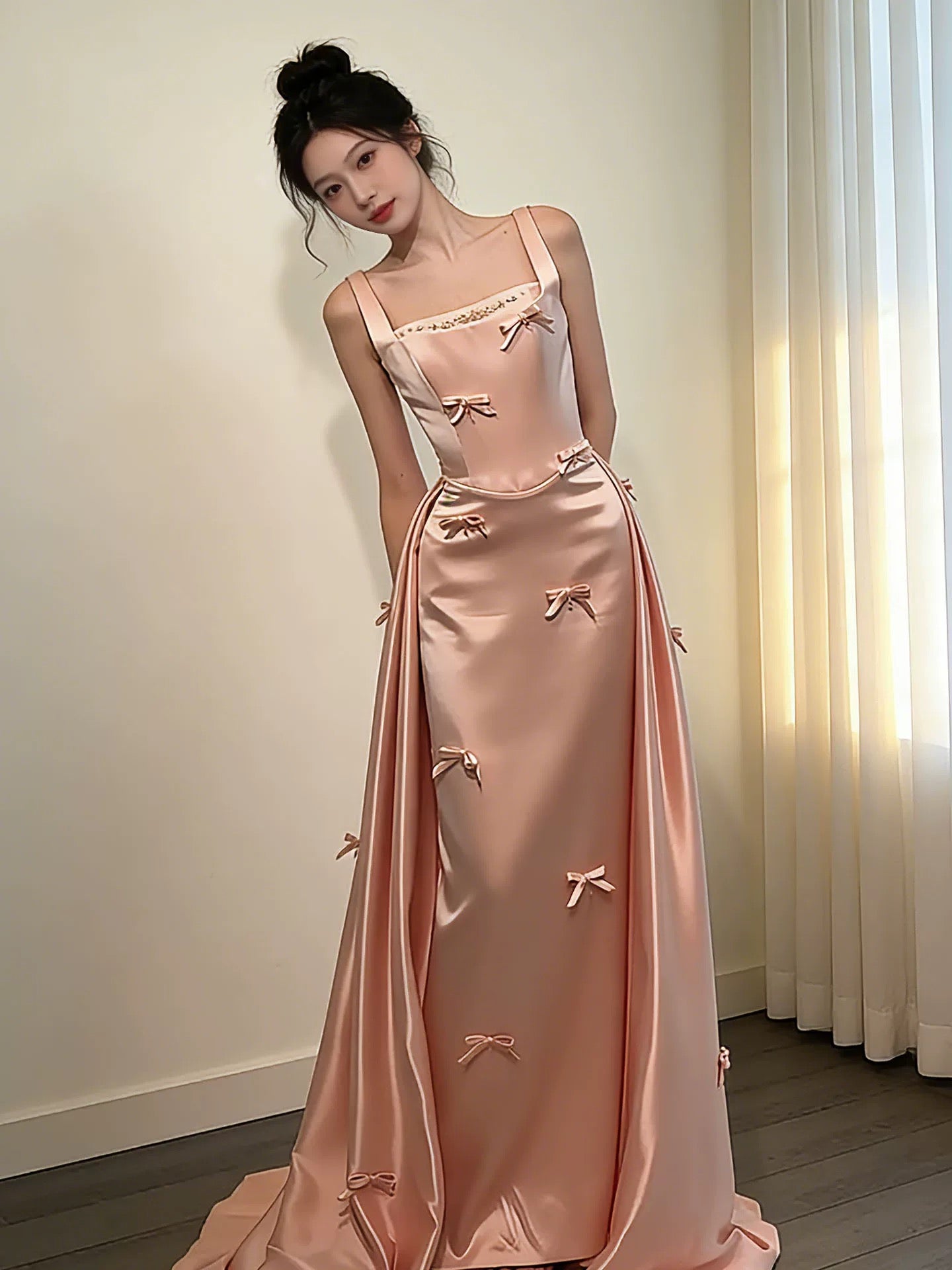 Cute Sheath Square Pink Satin 18th Birthday Elegant Outfit Formal Long Prom Dresses N4126