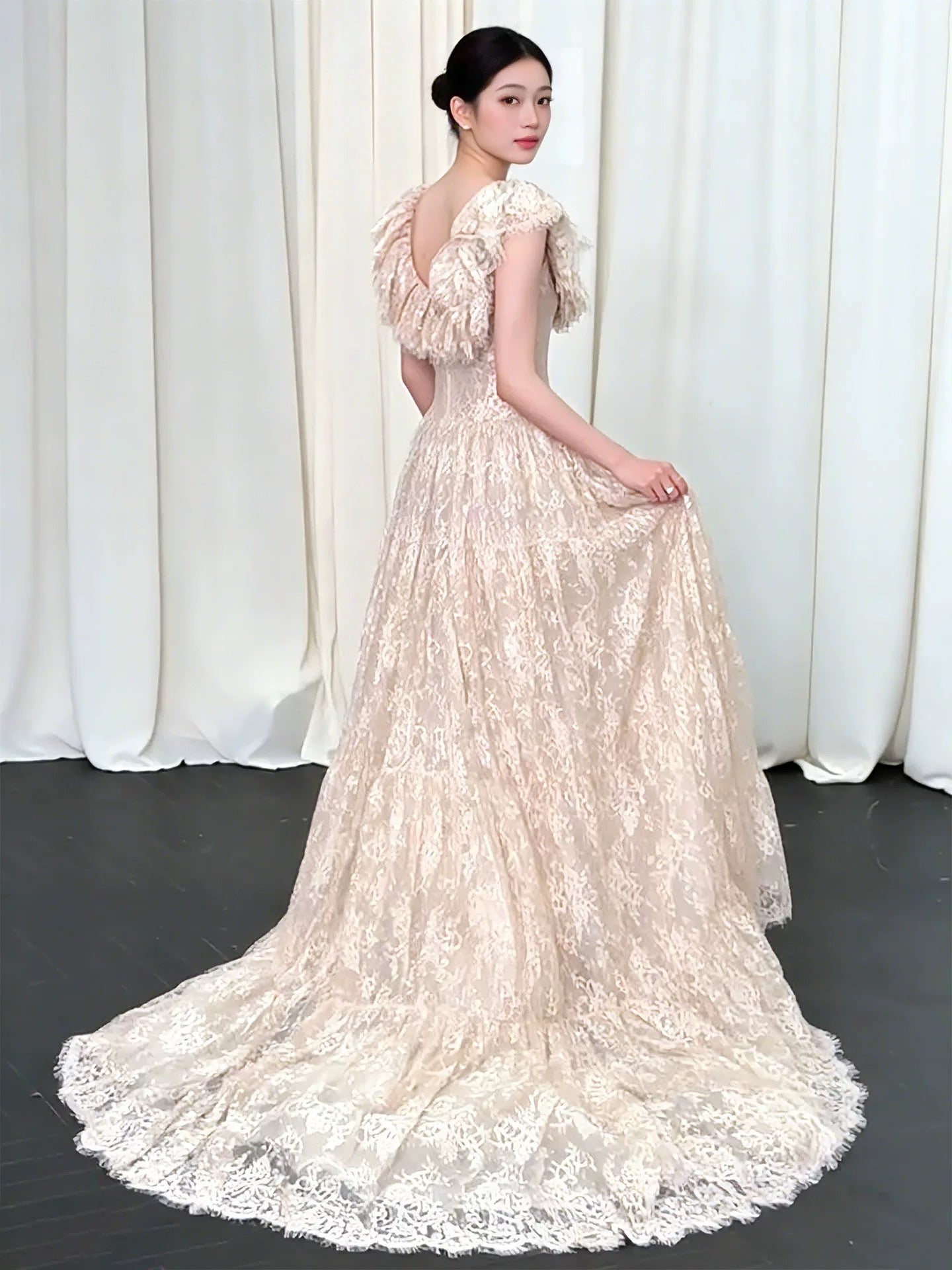 Stunning A line Square Neck Champagne Lace Long Prom Dresses For Women N4270