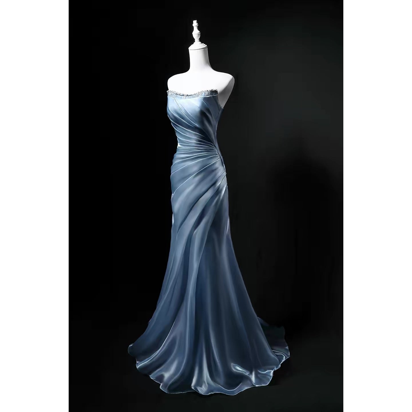 Modest Mermaid Strapless Blue Sleeveless Birthday Elegant Outfit Formal Long Prom Dresses N4143