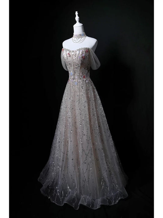 Sparkly Ball Gown Off The Shoulder Sequin Gray Birthday With Beaded Elegant Outfit Formal Prom Dresses N4146