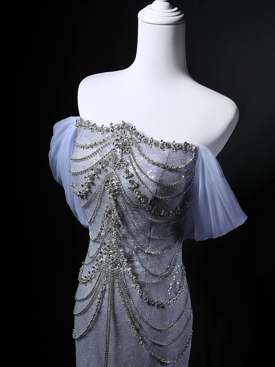 Sparkly Mermaid Off The Shoulder Sequin Blue Birthday With Beaded Elegant Outfit Formal Prom Dresses N4148