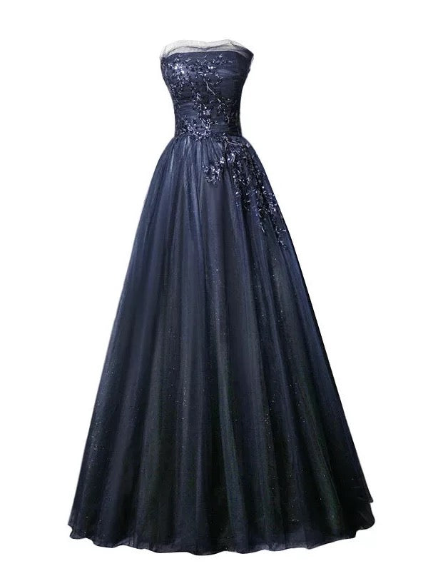 Modest Ball Gown Strapless Navy Blue Tulle 18th Birthday Elegant Outfit Formal Long Prom Dresses N4152