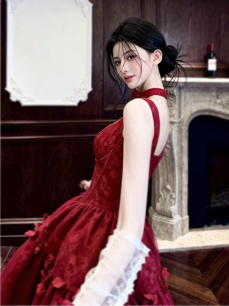 Princess Prom Dresses Ball Gowns Square Neck Sleeveless Burgundy Lace Evening Long Formal Dress RB3712