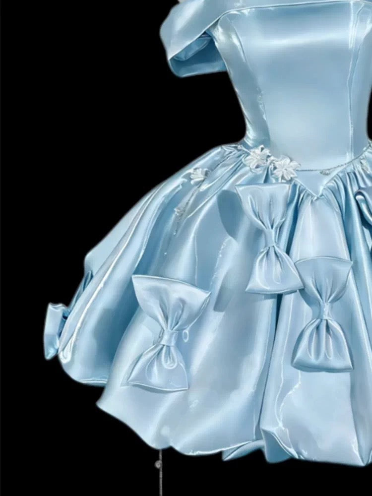 Cute Ball Gown Off The Shoulder Blue Satin Short Mini Party Dress Cocktail Homecoming Dresses N4160