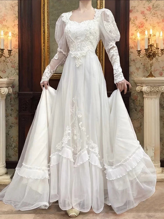 French Style Wedding Dresses A line Square Neck Lace With Sleeves Summer Garden Wedding Dress N4173