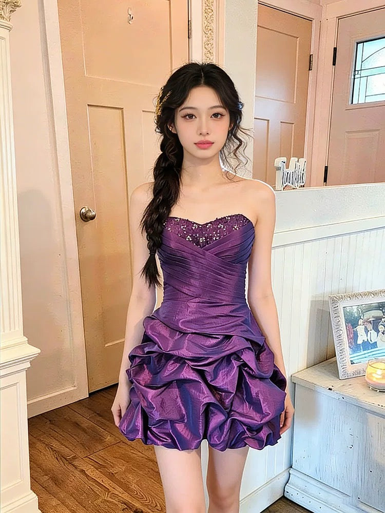 Vintage Sheath Strapless Purple Satin Short Mini Party Dress Cocktail Homecoming Dresses N4281