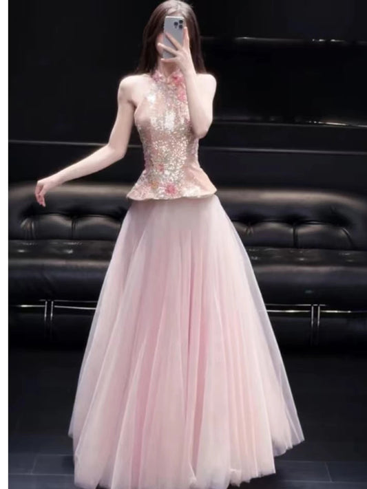 Dreamy Prom Dresses A Line High Neck Pink Tulle With Flowers Sleeveless Evening Long Formal Outfits RB3726