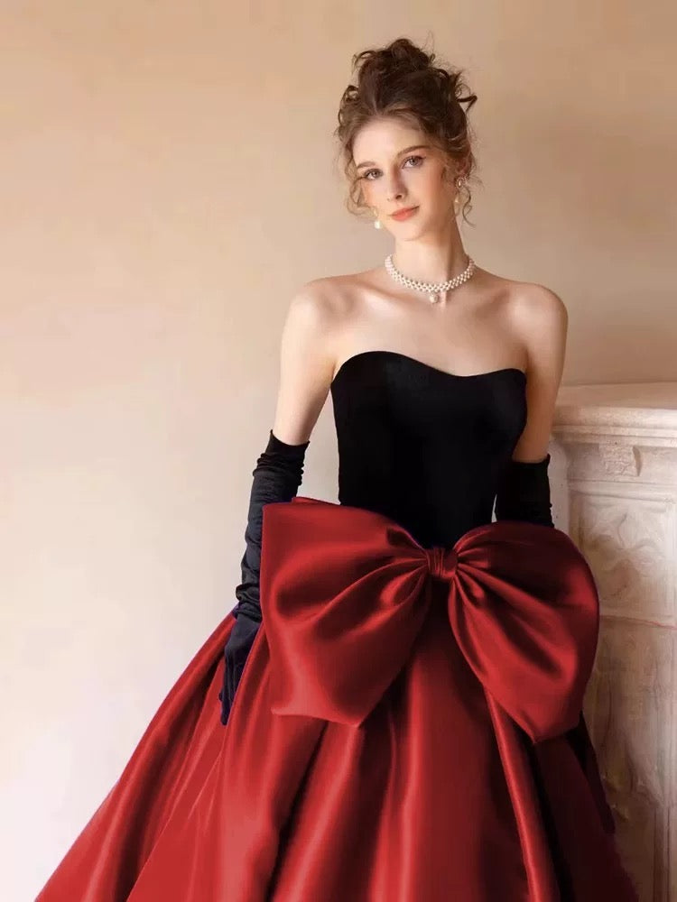 Princess Prom Dresses Ball Gowns Strapless Burgundy With Gloves Velvet Evening Long Formal Dress RB3730