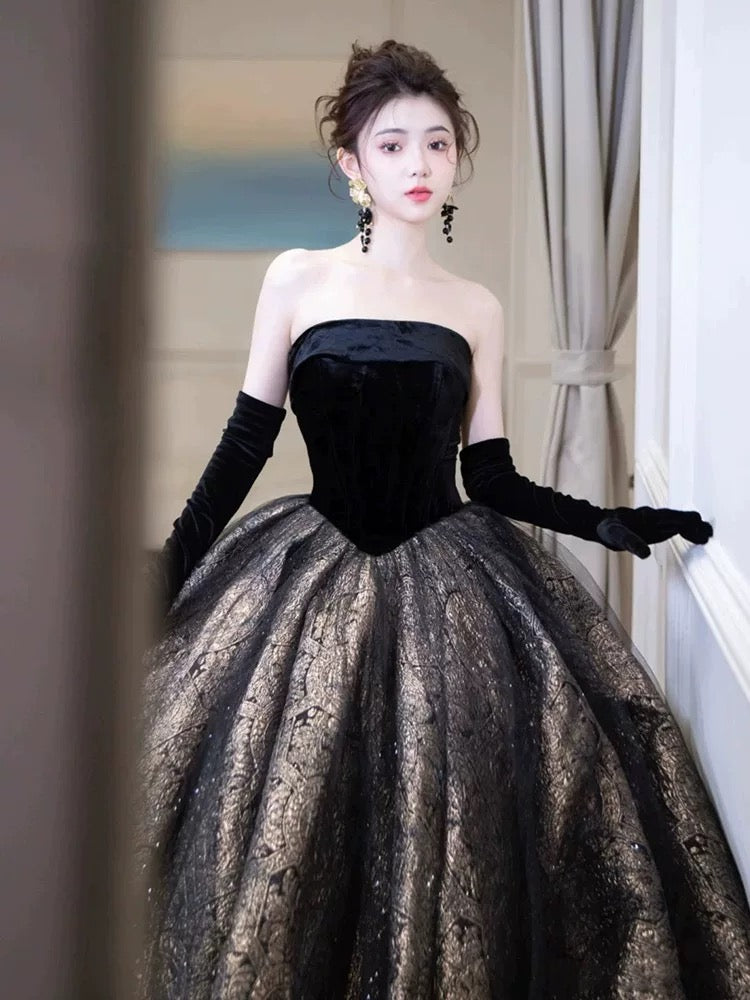Princess Prom Dresses Ball Gown Strapless Black With Gloves Tulle Evening Long Formal Dress RB3738