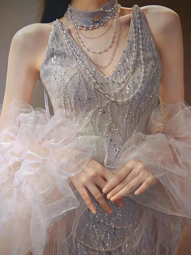 Sparkly Mermaid V Neck Silver Sequined With Beading Long Prom Evening Dresses Inspo Evening Outfits RB5201