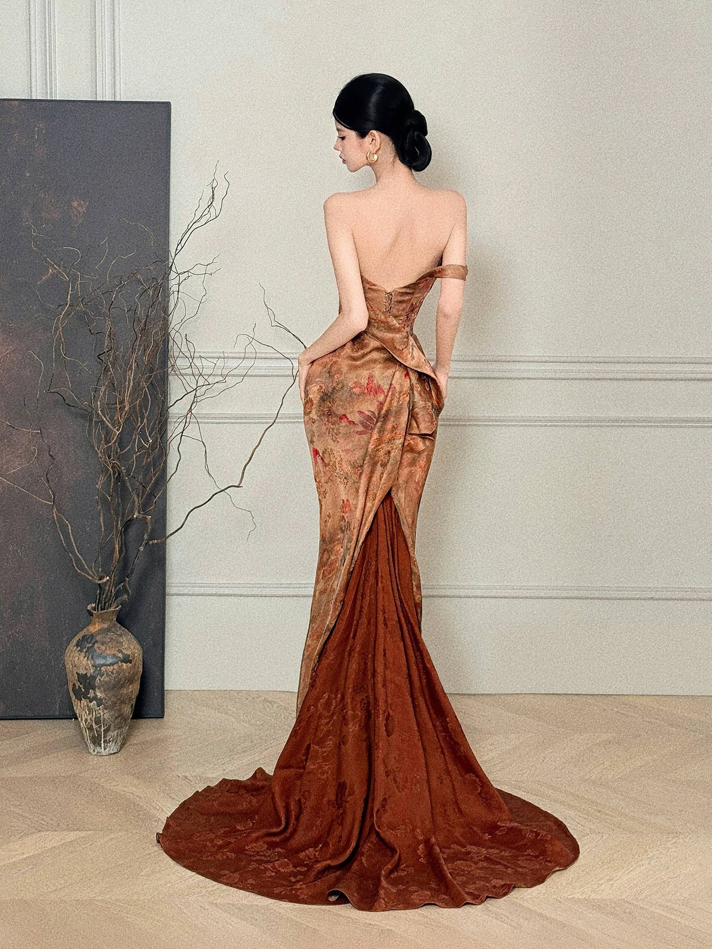 Beautiful Women's Mermaid Strapless Brown Satin Maxi Dress Date Night Outfits Semi Formal Prom Dresses RB5208