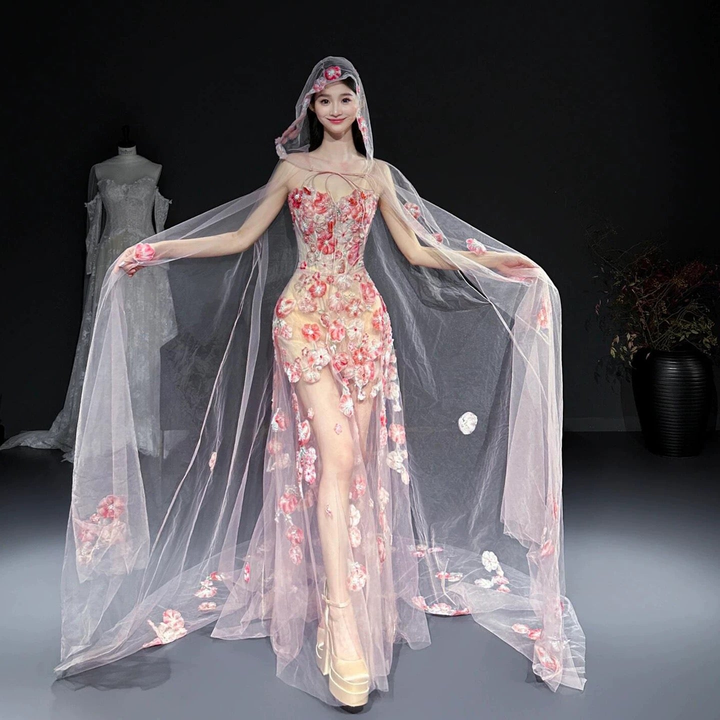 Glam Mermaid Floral Pink Tulle Prom Dresses Evening Long Semi Formal Dress RB3754