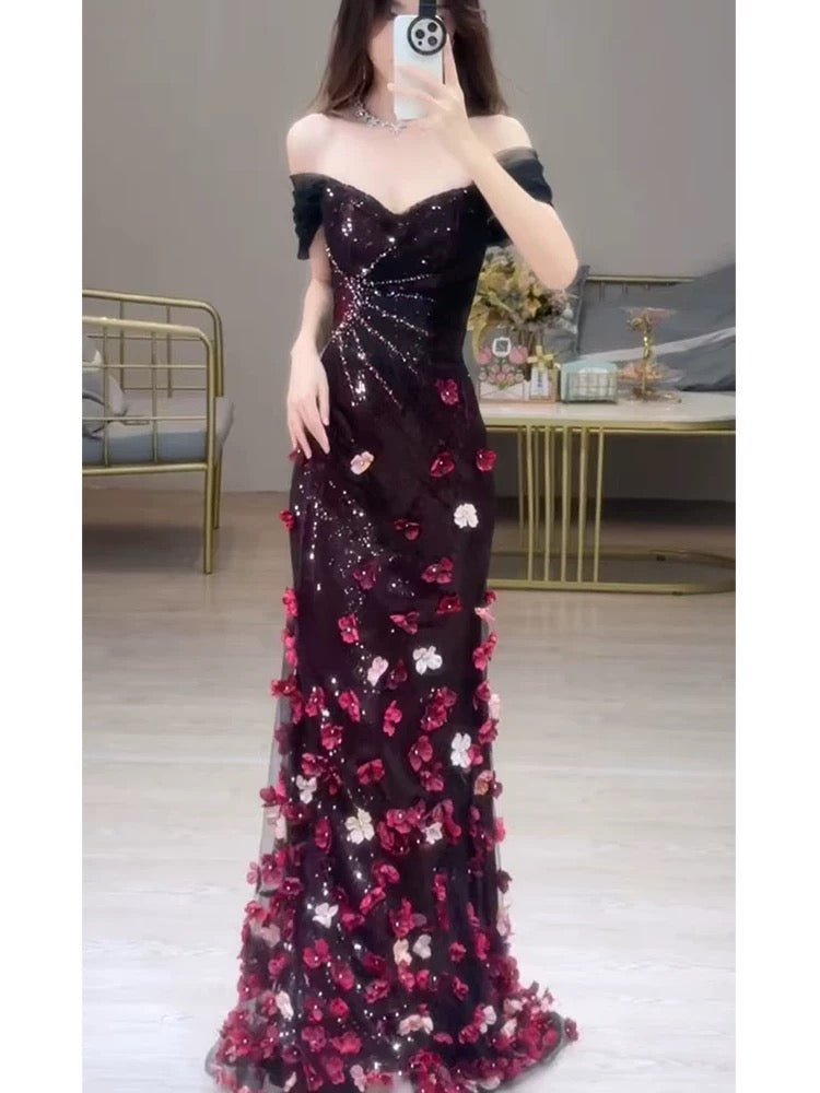Unique Women's Mermaid Off The Shoulder Black With Flowers Maxi Dress Date Night Outfits Outdoor Semi Formal Prom Dresses RB5174