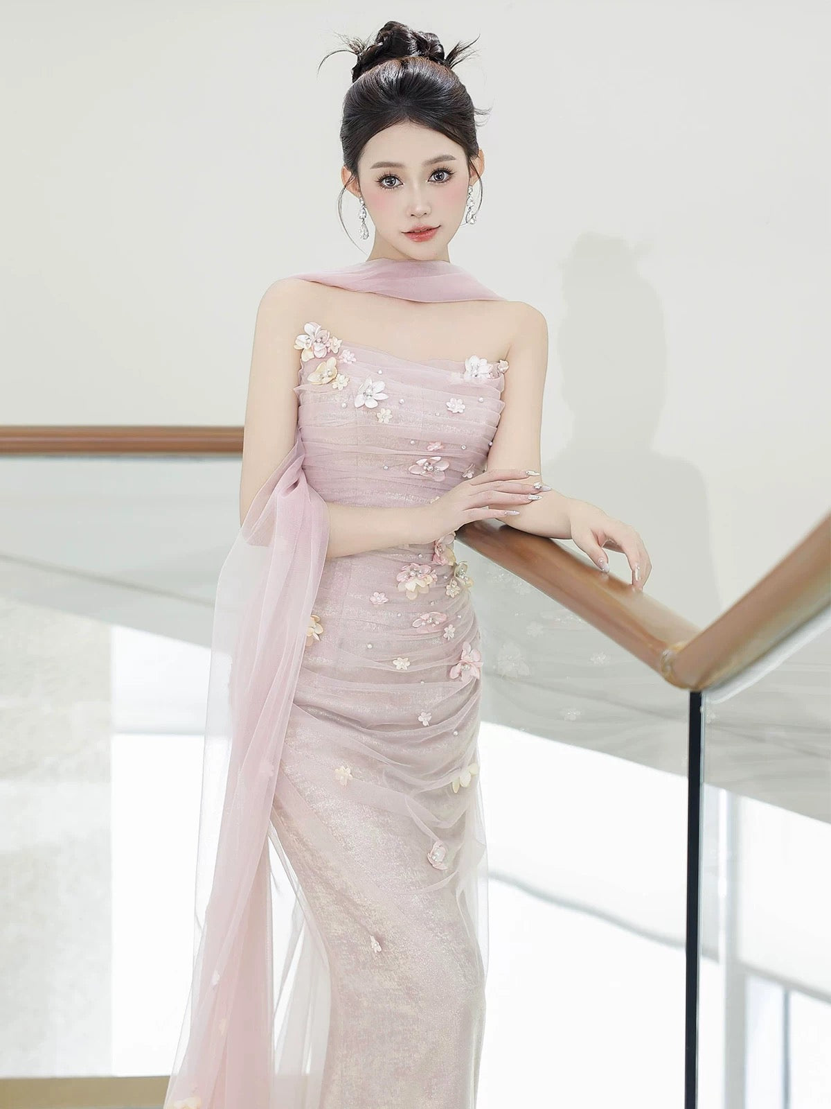 Sparkly Mermaid Strapless Pink Tulle With Scarf Long Prom Evening Dresses Inspo Evening Outfits RB5175