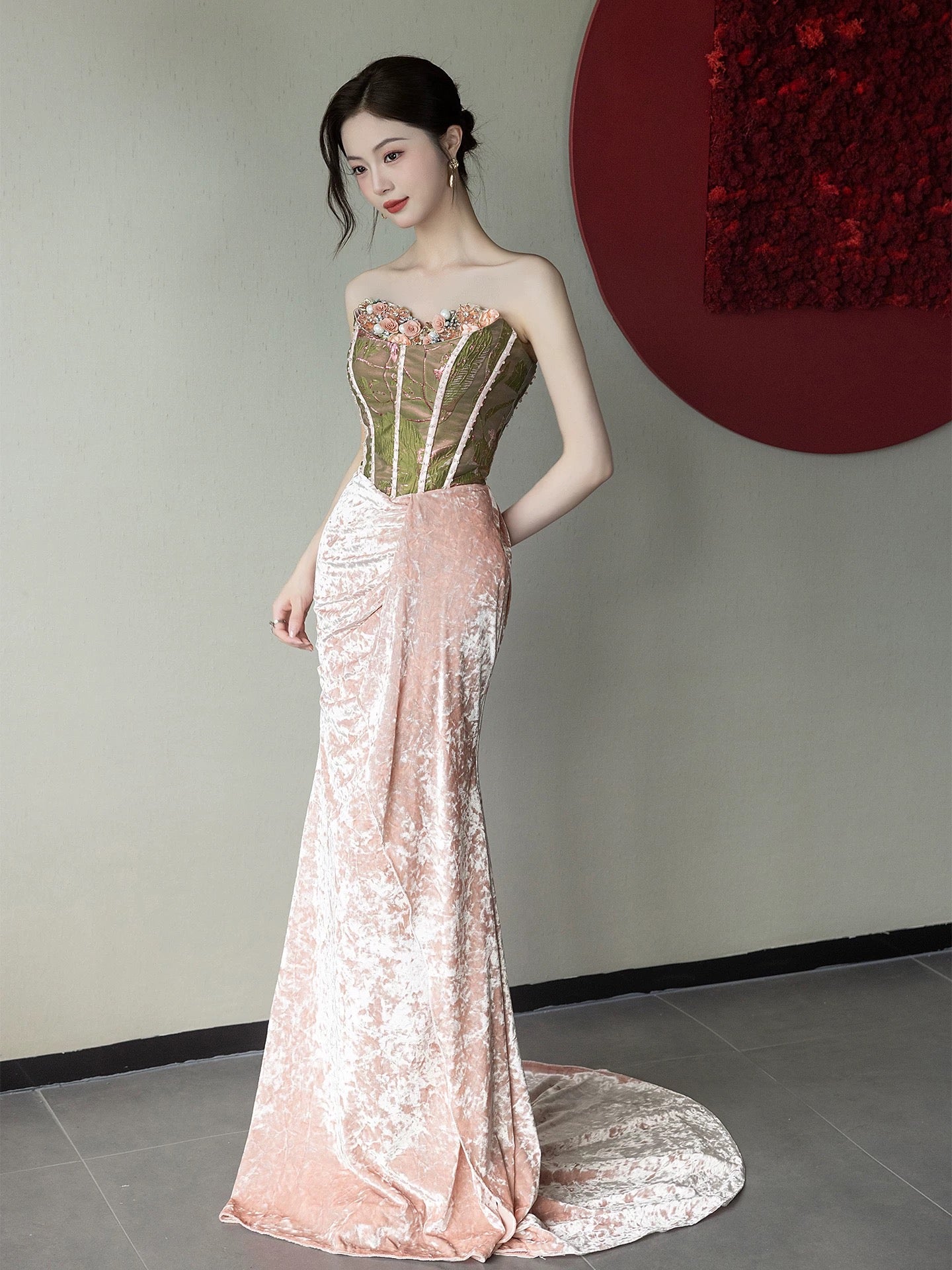 Cute Mermaid Sweetheart Pink Velvet With Scarf Date Night Outfits Semi Formal Prom Wedding Guest Dresses RB5359