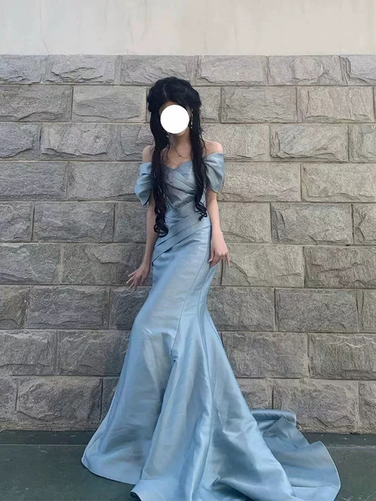 Classy Mermaid Off The Shoulder Light Sky Blue Satin Long Party Gowns Prom Dresses N2030