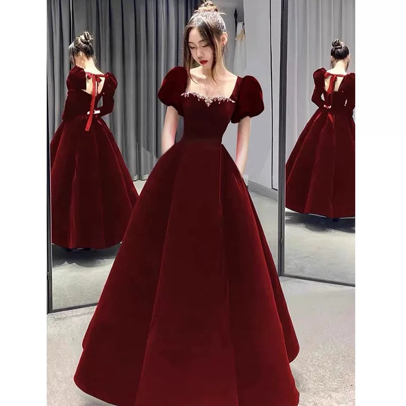 Cute Ball Gown Square Neck Burgundy Velvet Long Prom Gown Party Wear Fashion Evening Dresses N1804