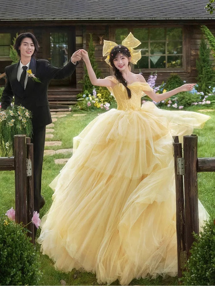 Cute Ball Gown Off The Shoulder Yellow Tulle Sweet 16 Dresses Quinceanera Dress Long 15 Vestidos De Fiesta N1805