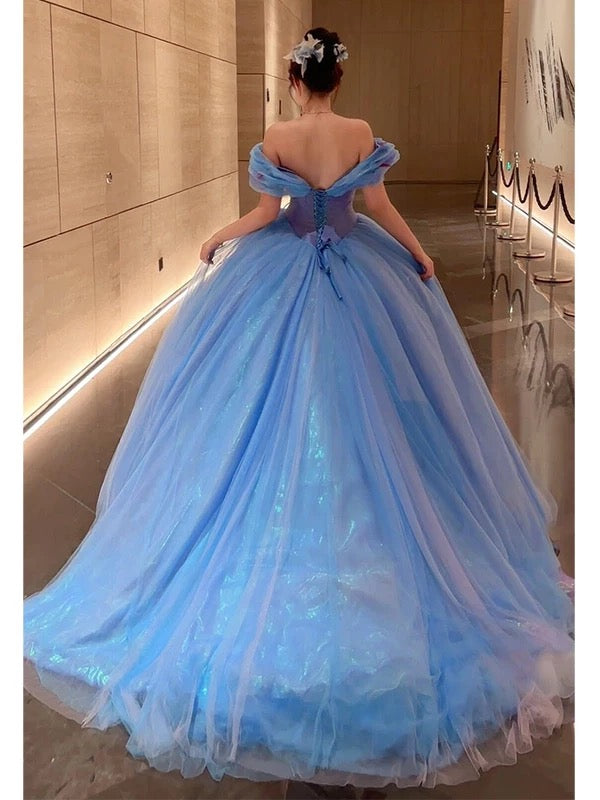 Cute Ball Gown Off The Shoulder Blue Tulle Sweet 16 Dresses Quinceanera Dress Long 15 Vestidos De Fiesta N1815