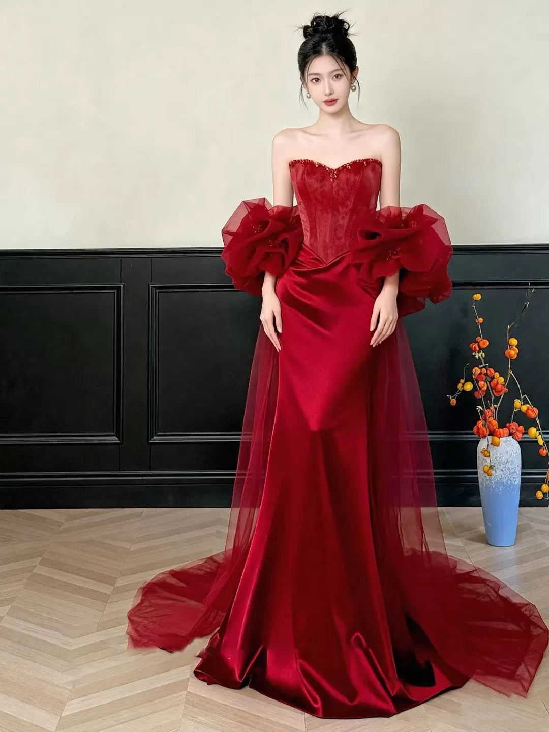Sexy Women Mermaid Sweetheart Red Tulle Lace Long Prom Gown Party Wear Fashion Dresses N1820