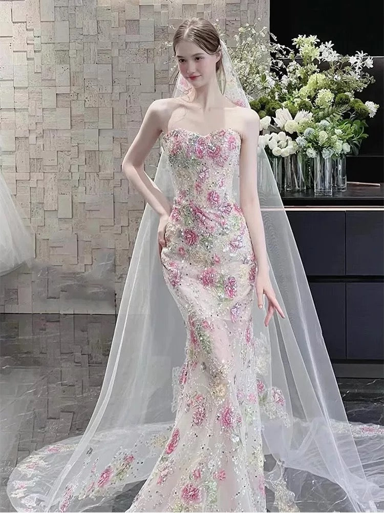 Sexy Women Mermaid Sweetheart Floral Lace Long Prom Gown Party Wear Fashion Dresses N2046