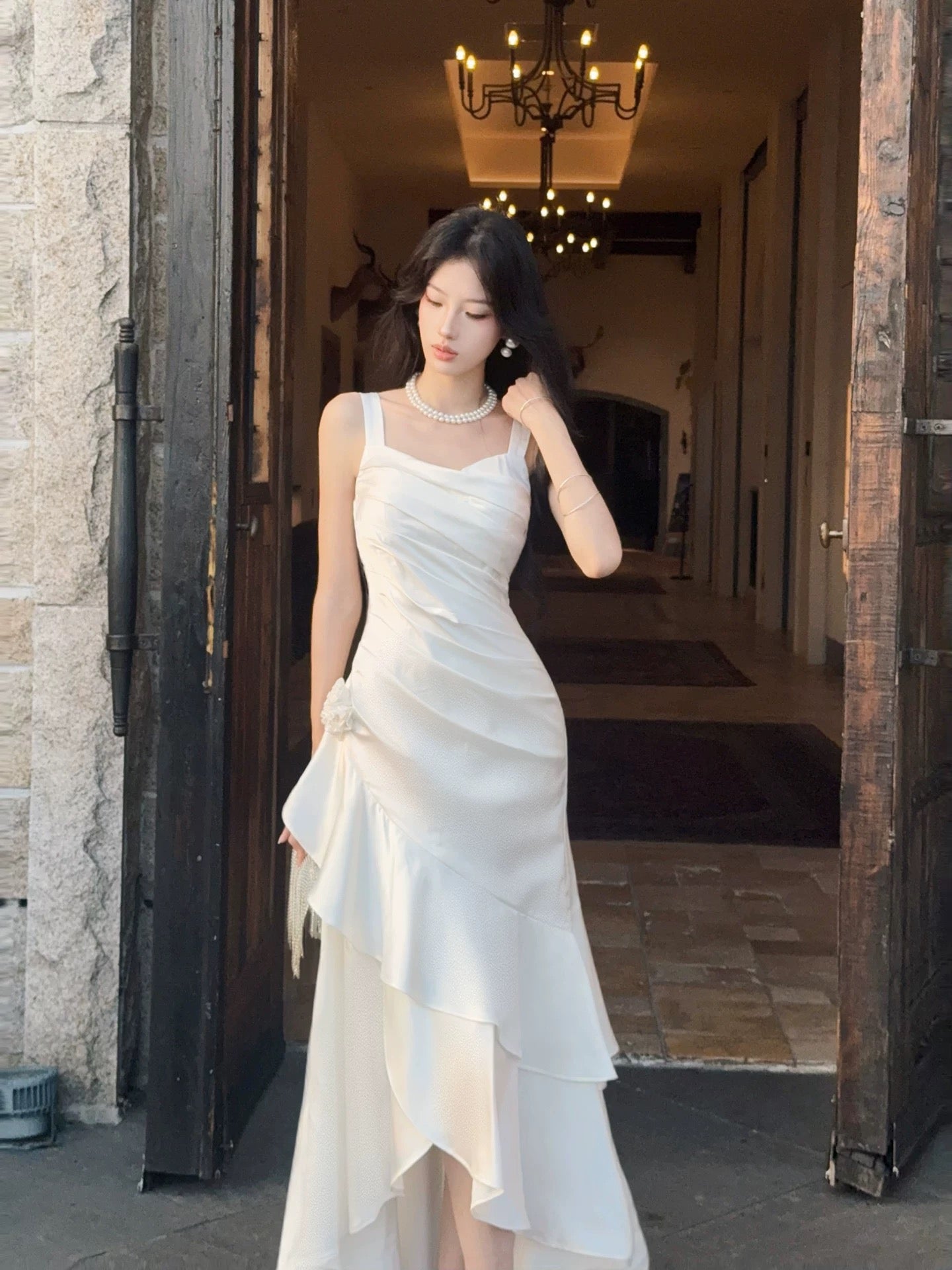 Simple Mermaid Square Neck With Ruffles Long Party Gowns Prom Dresses N2047