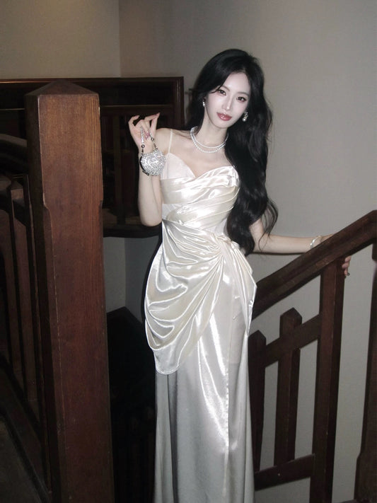 Classic Mermaid Spaghetti Straps Ivory Pleated Inspiration Long Wedding Party Guest Dresses N2051