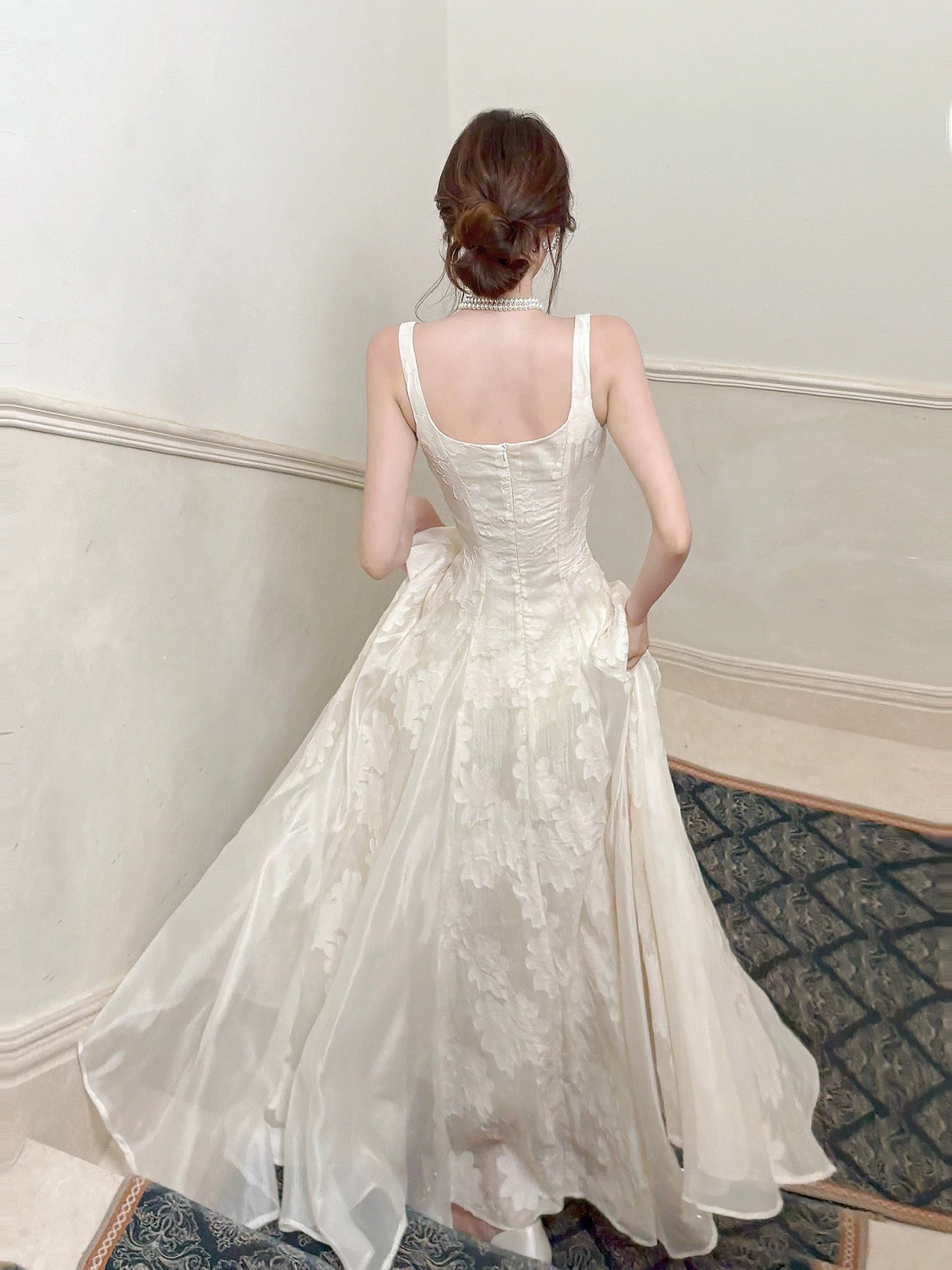 Princess A Line Square Neck Champagne Lace Inspiration Long Wedding Party Guest Dresses N2057