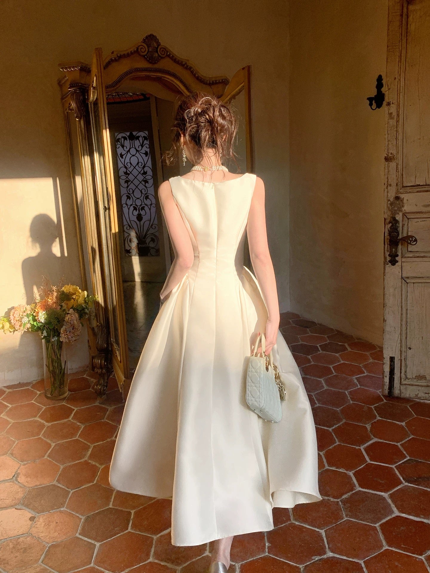 Simple A Line Square Neck Ivory Satin Inspiration Long Wedding Party Guest Dresses N2061