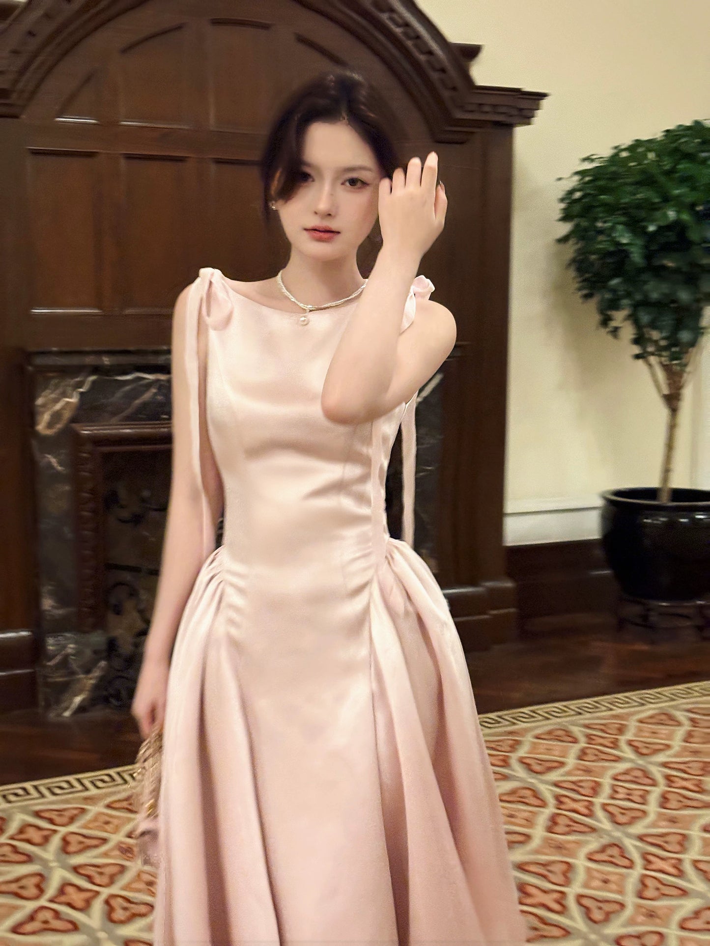French Style Simple A Line Pink Satin Inspiration Long Prom Wedding Guest Dresses N2064